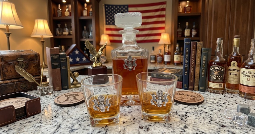 A whiskey decanter and two engraved glass tumblers filled with amber liquor on a granite bar counter, with whiskey bottles, books, lamps, and an American flag in the background.