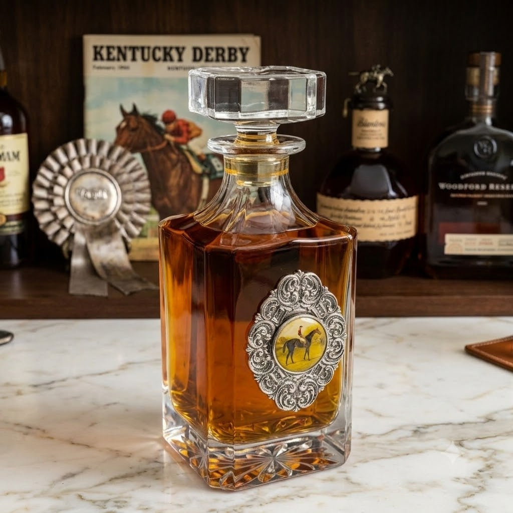 Decanter with Silver Medallion and vintage racehorse art. This is a great gift for a racehorse fan and bourbon lover.