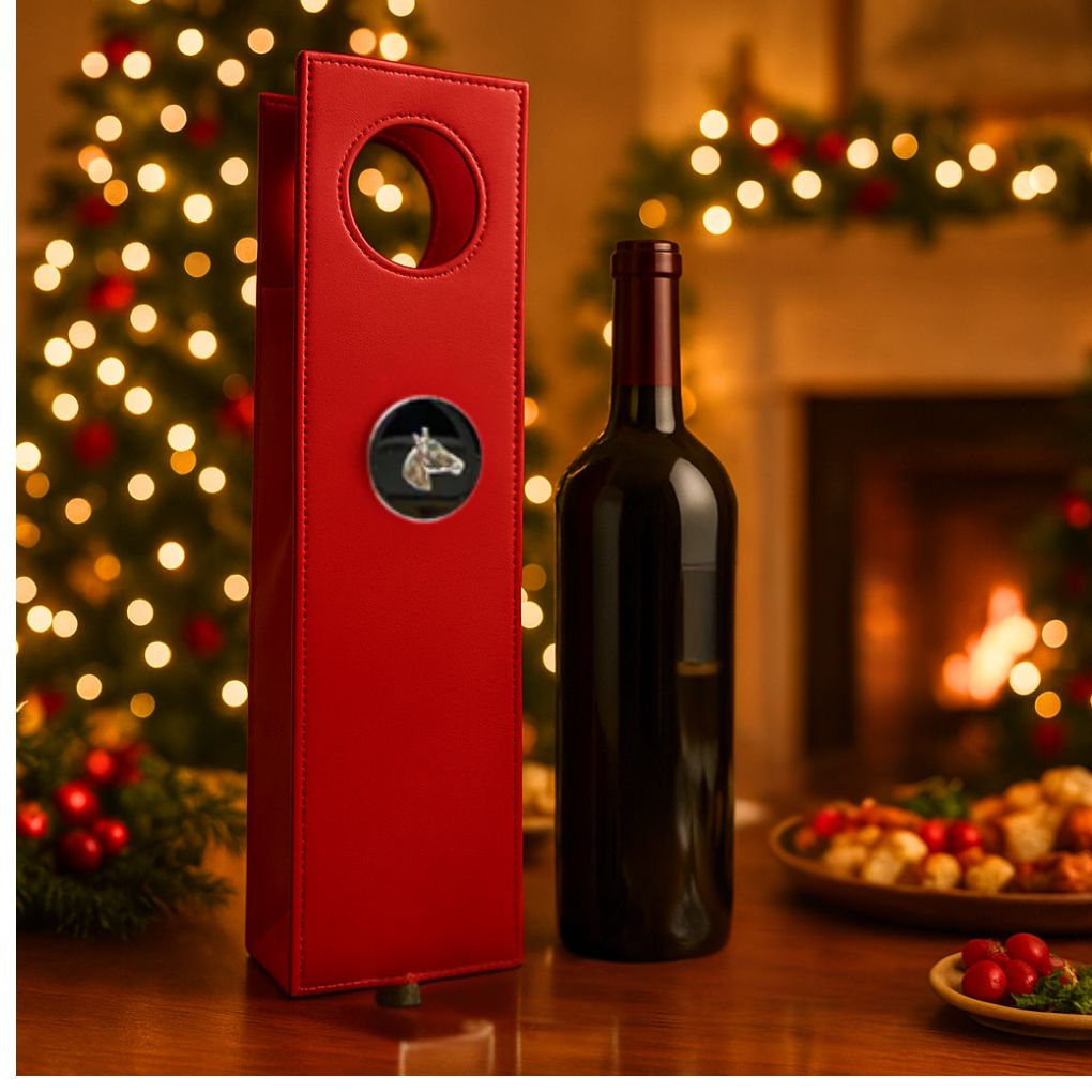 Red wine bottle gift bag with a silver horse medallion, wine bottle on a table in front of a Christmas tree and fireplace.