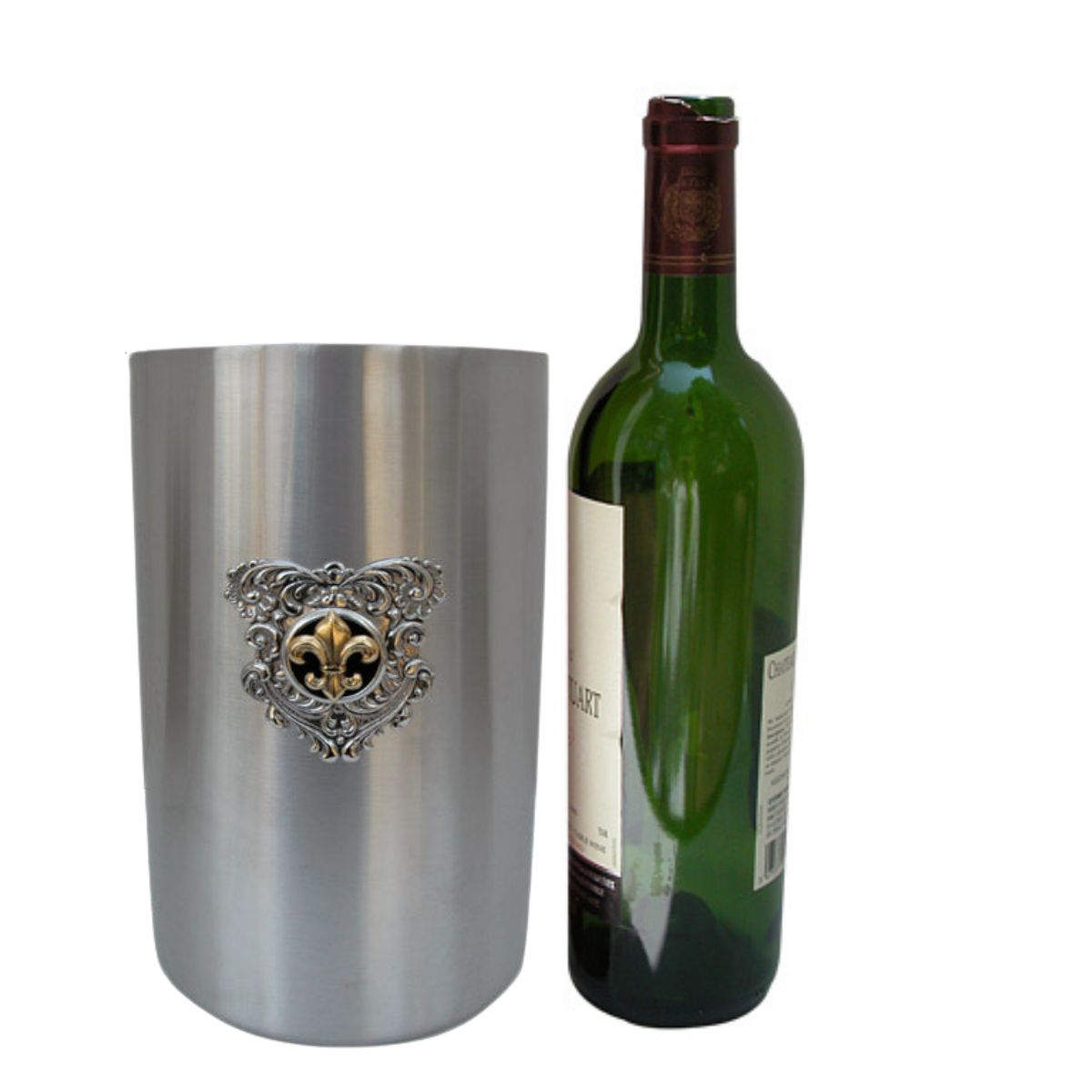 A stainless steel wine bottle cooler with an ornate fleur-de-lis emblem, shown next to a green wine bottle on a white background.