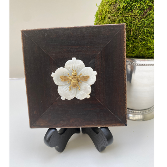 Bee Wooden Art, White Mother of Pearl Flower, Gold Bee