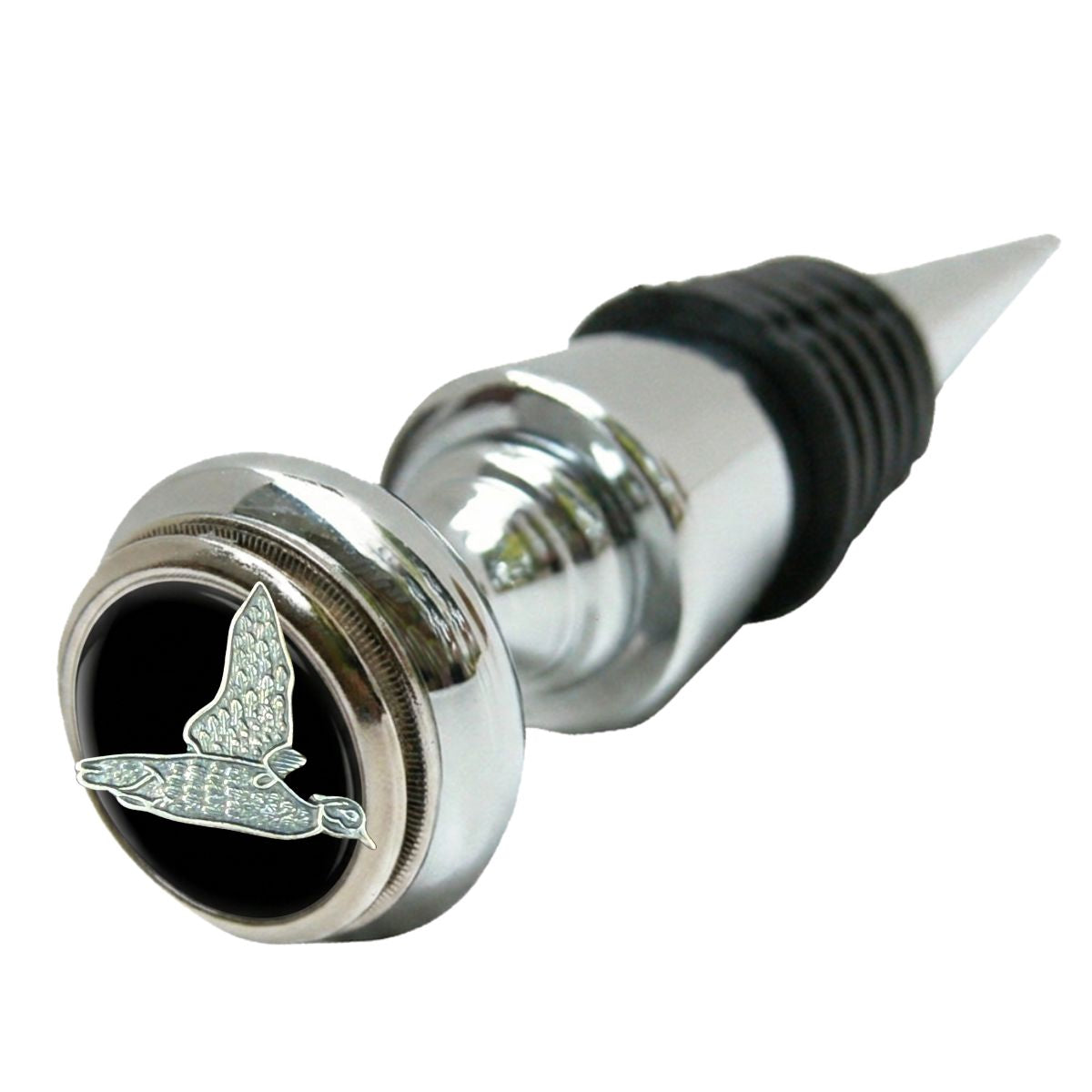 Bottle Stopper with silver setting with black enamel and a silver duck. It is a great gift for a duck lover and duck hunter.