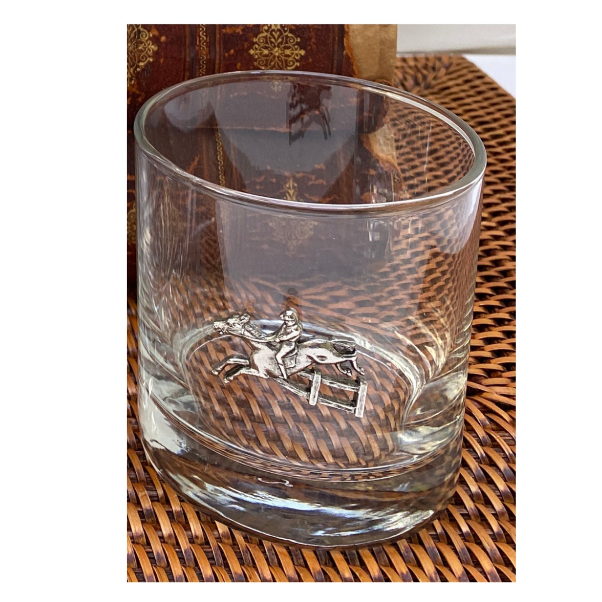 bourbon glass with silver hunter jumper medallion