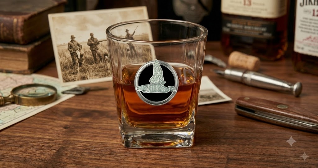 Our bourbon glass for duck hunters features a clear glass and in the center is a silver medallion with black enamel and a silver duck