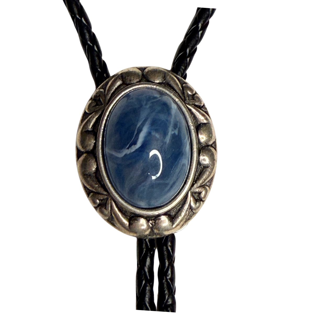 The Classic Legacy Bolo tie with blue stone and silver oval setting is a wonderful accessory to wear to a Western-themed wedding or event.