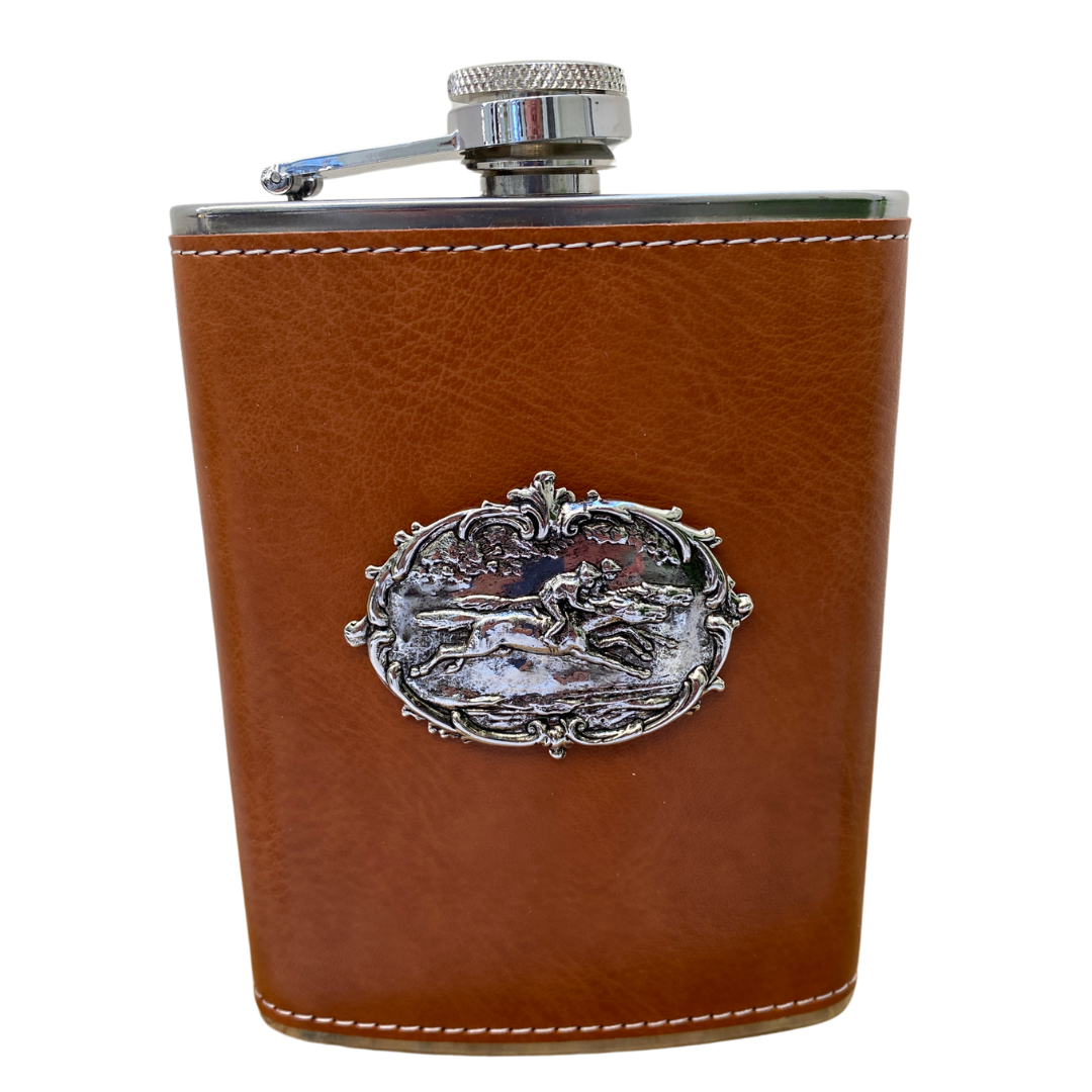 brown leather flask for horse racing fan embellished with silver medallion of jockey and horses