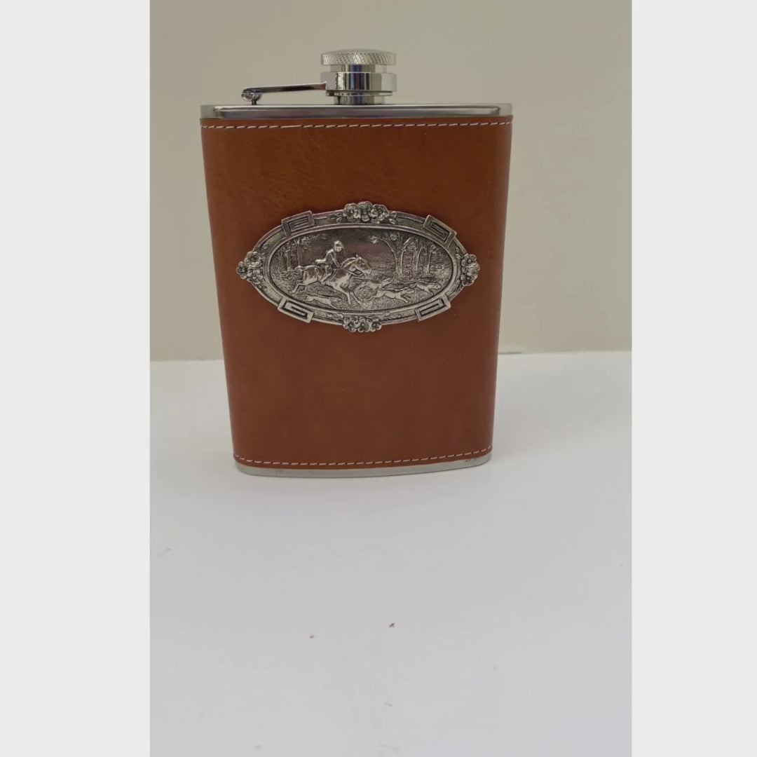 horse and hounds leather flask for equestrian