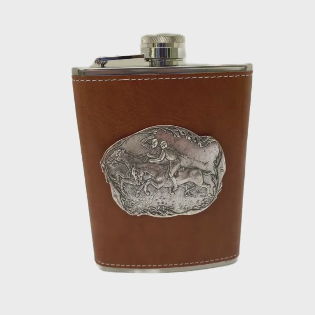 Video of brown leather flask and polo players