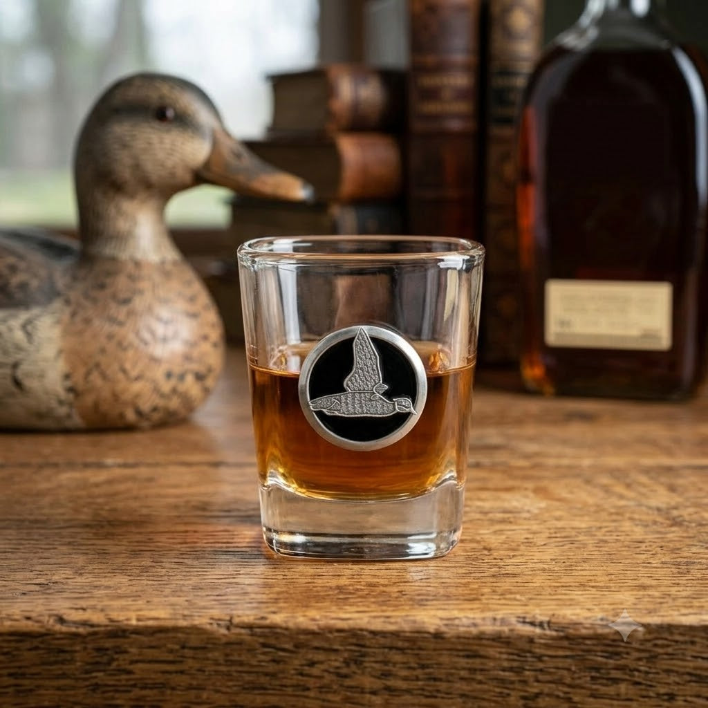 Shot glass featuring a silver medallion with black enamel and a silver duck. This is a great gift for a duck hunter or duck lover.