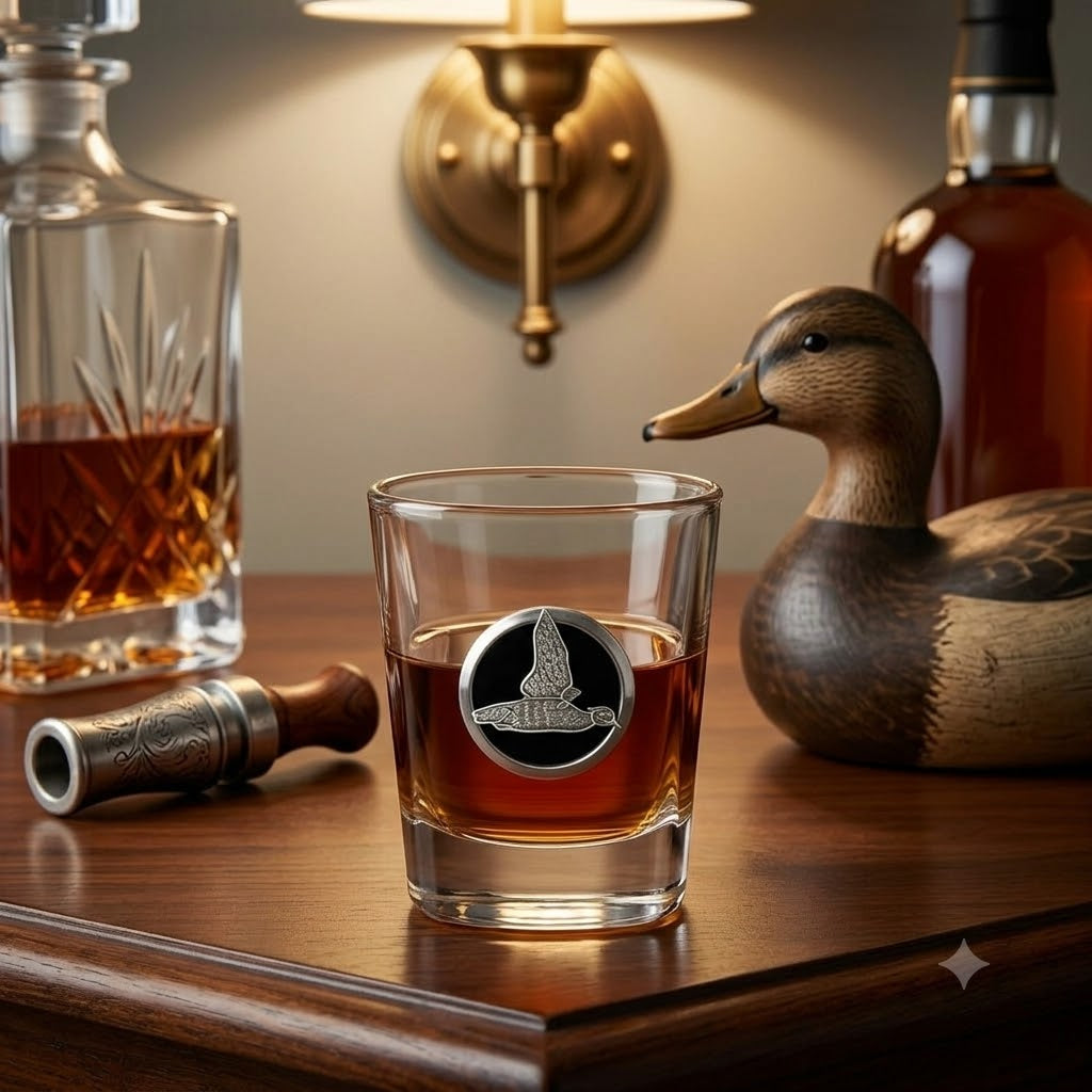Shot glass featuring a silver medallion with black enamel and a silver duck. This is a great gift for a duck hunter or duck lover.