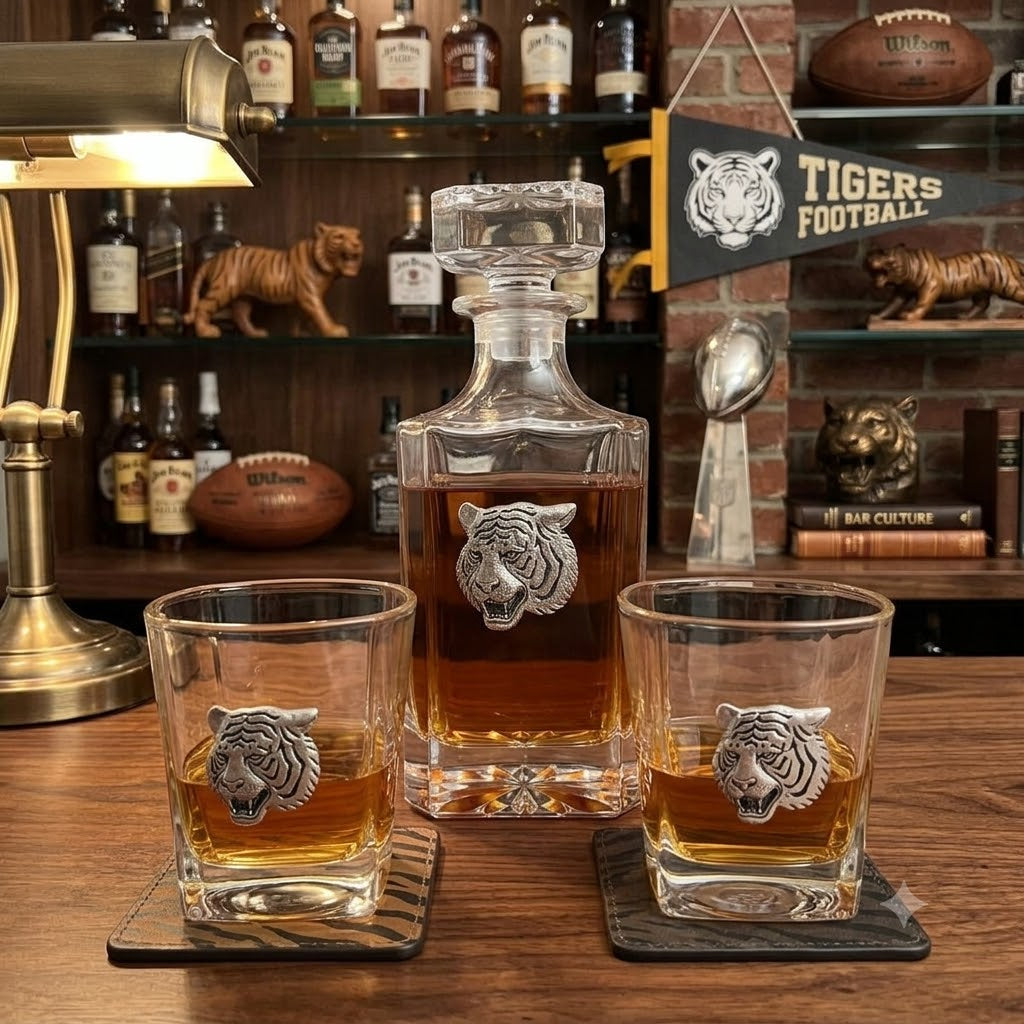 A whiskey decanter and two matching rocks glasses with silver tiger head emblems, filled with amber liquor, displayed on a wooden bar counter with a lamp and shelves in the background.