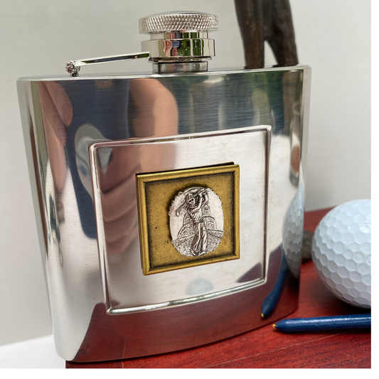 Silver Flask, Golf Theme, Vintage Medallion