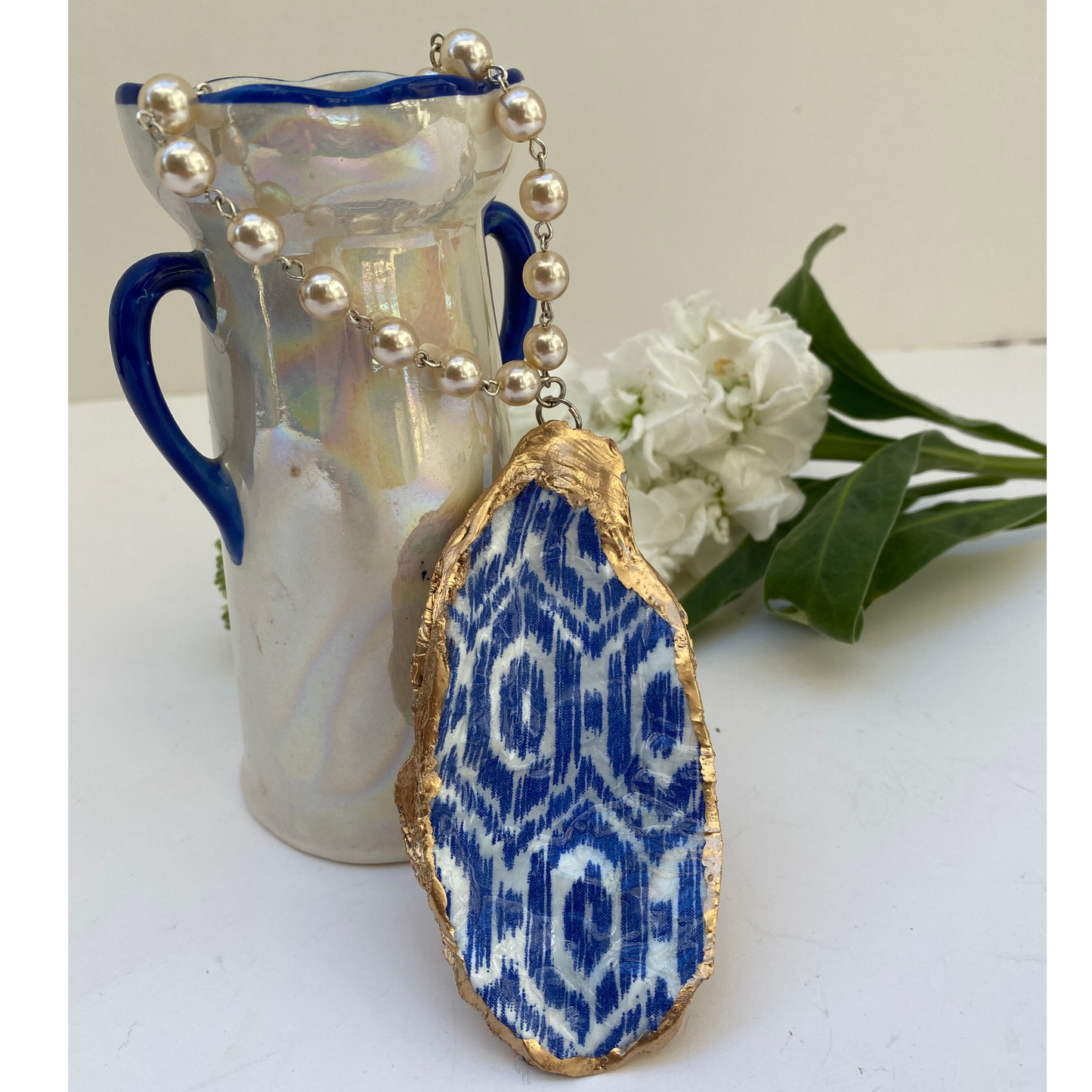 Oyster Shell Necklace, Blue and Pearls