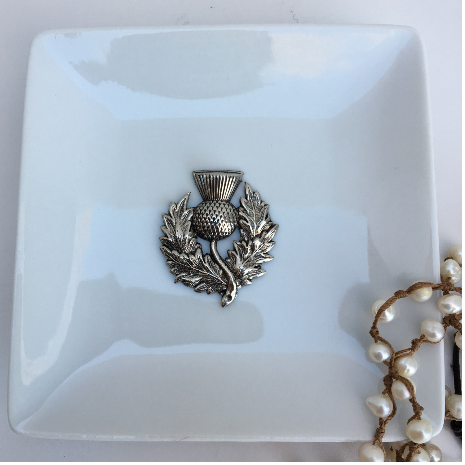 Trinket Tray, White Porcelain Dish, Silver Thistle Medallion