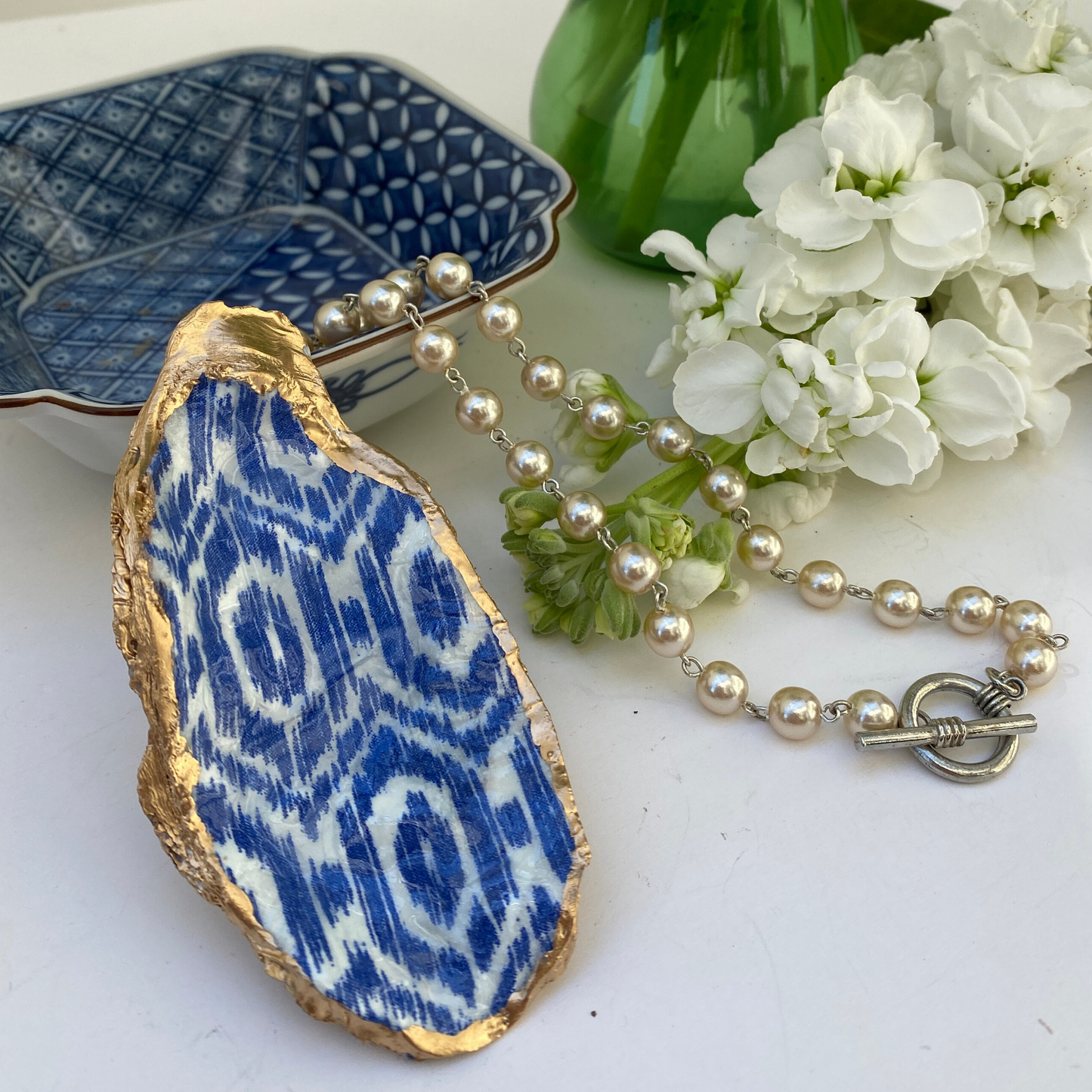 Oyster Shell Necklace, Blue and Pearls