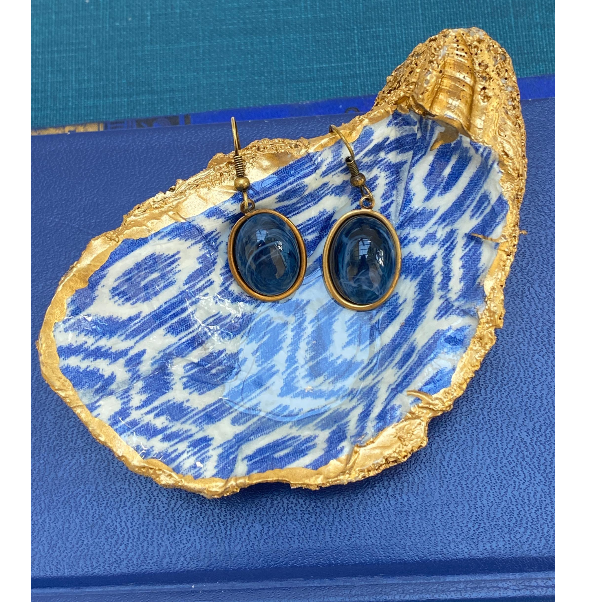 Earrings, Faux Blue Lapis, Antique Gold Setting, Handmade in USA