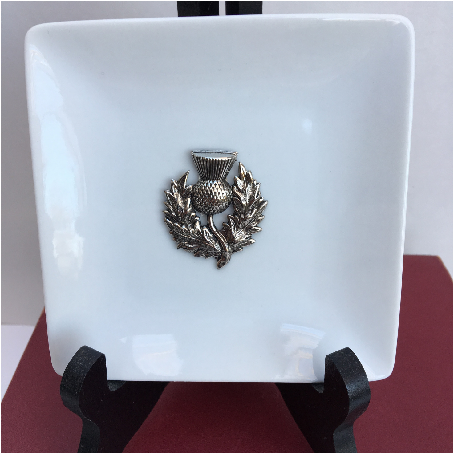 Trinket Tray, White Porcelain Dish, Silver Thistle Medallion