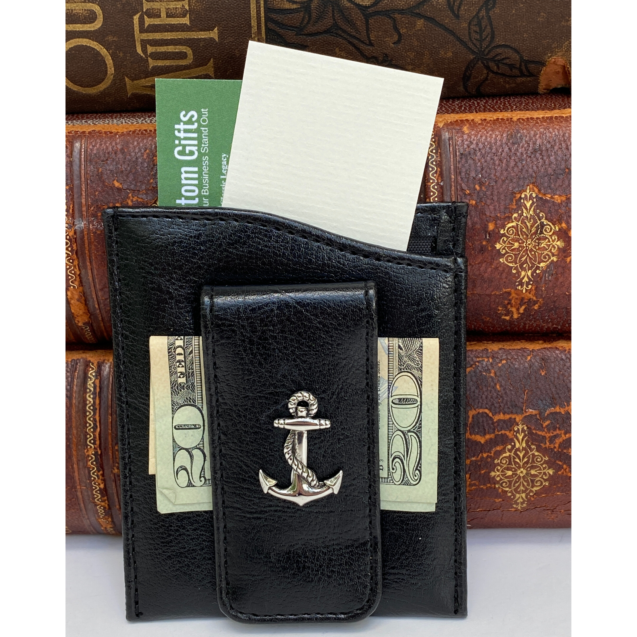 Money Clip, Anchor, Black Faux Leather, Gift for Him