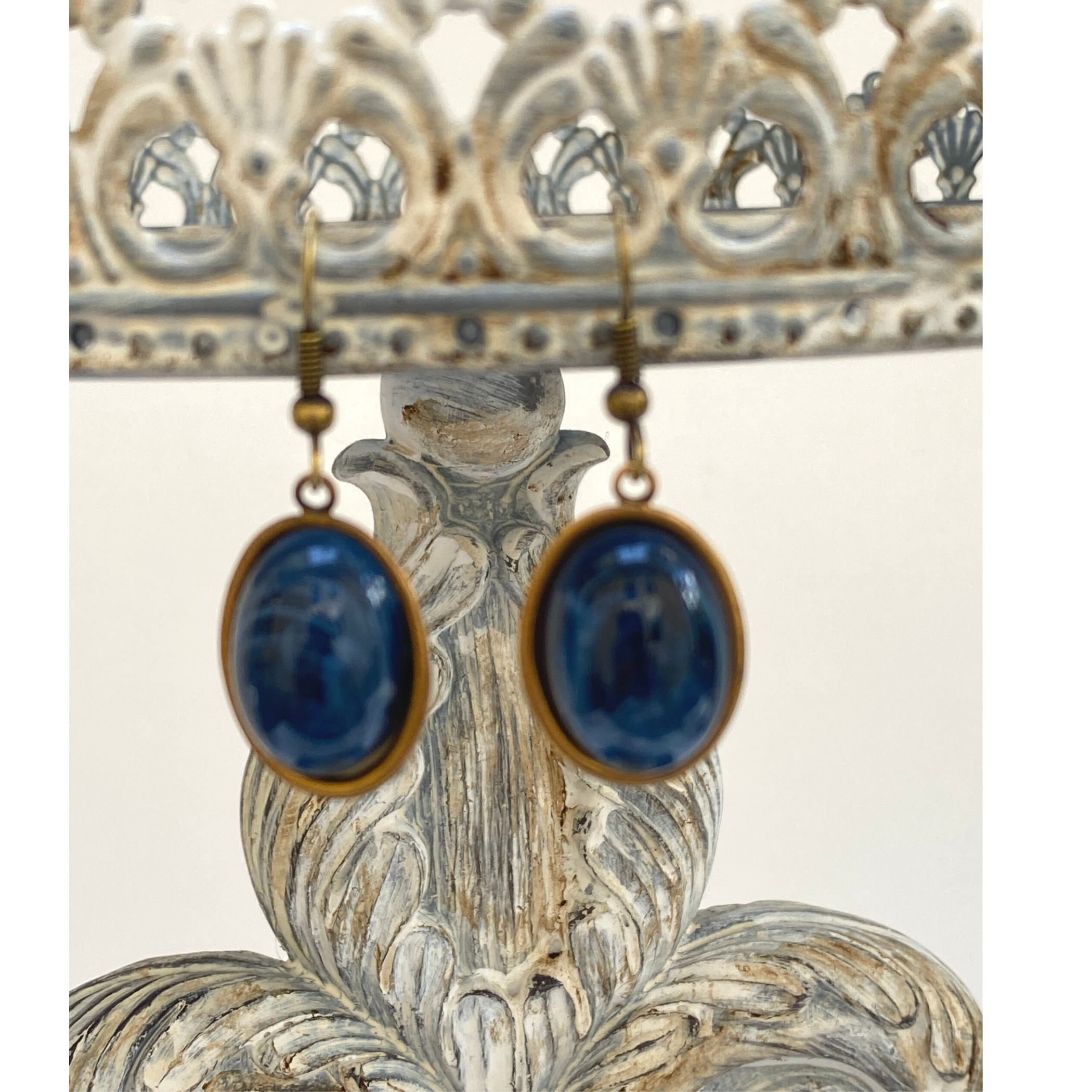 Earrings, Faux Blue Lapis, Antique Gold Setting, Handmade in USA