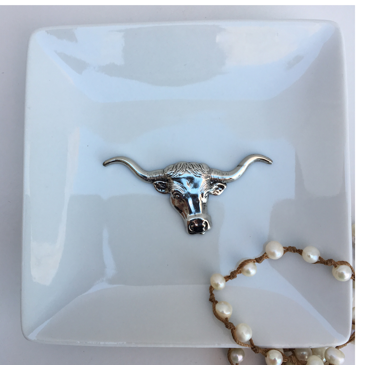 Trinket Tray, White Porcelain Dish, Silver Longhorn Medallion