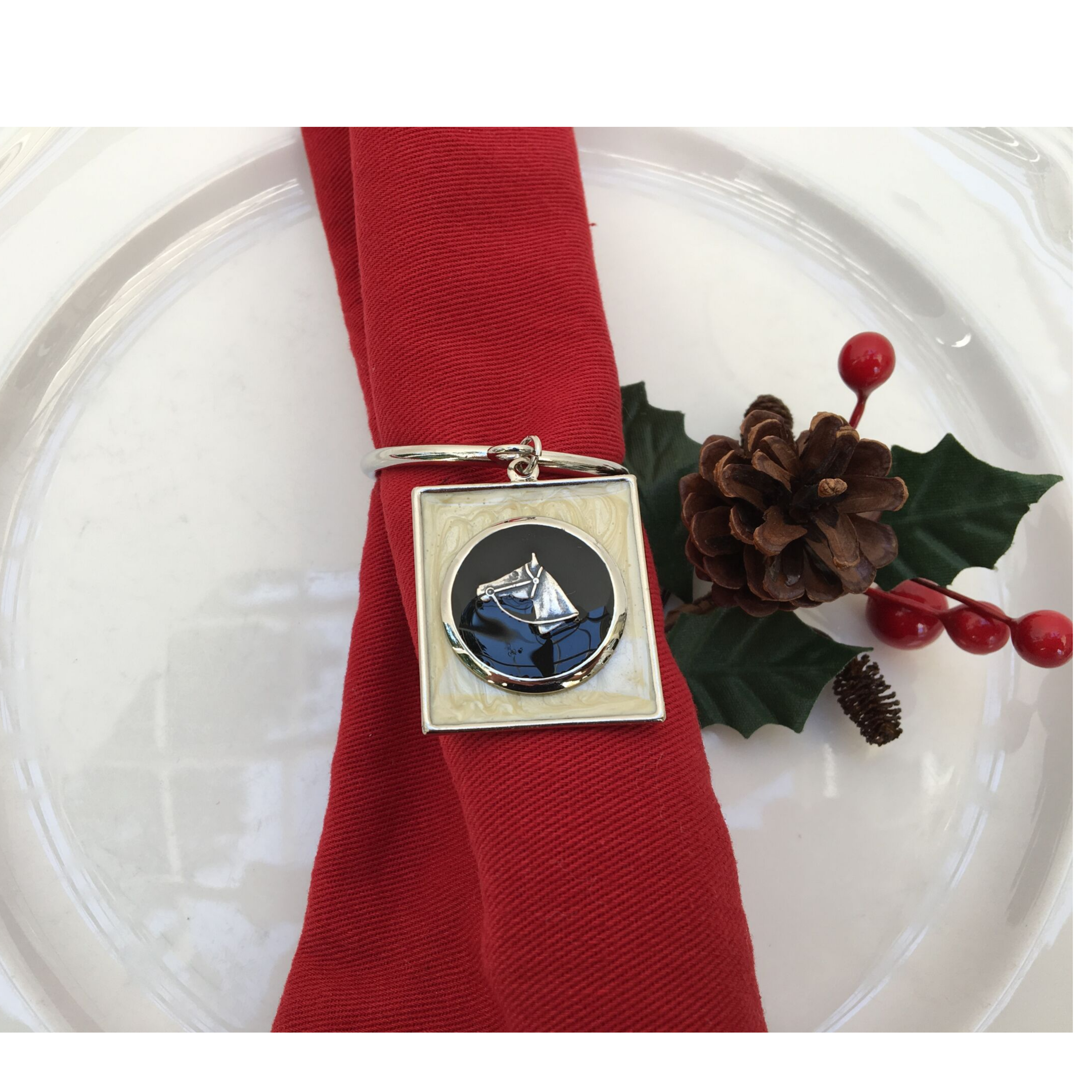 Napkin Ring Equestrian Horse Head Pearl Black Enamel