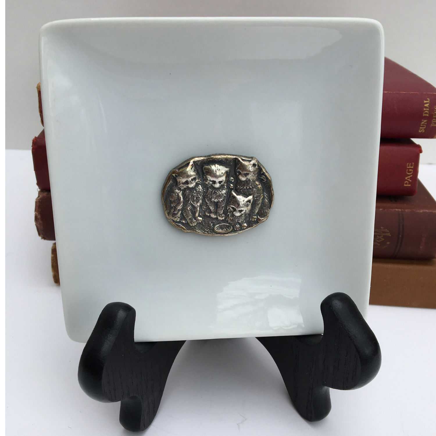 Trinket Tray, White Porcelain Dish, Silver Kitten Medallion