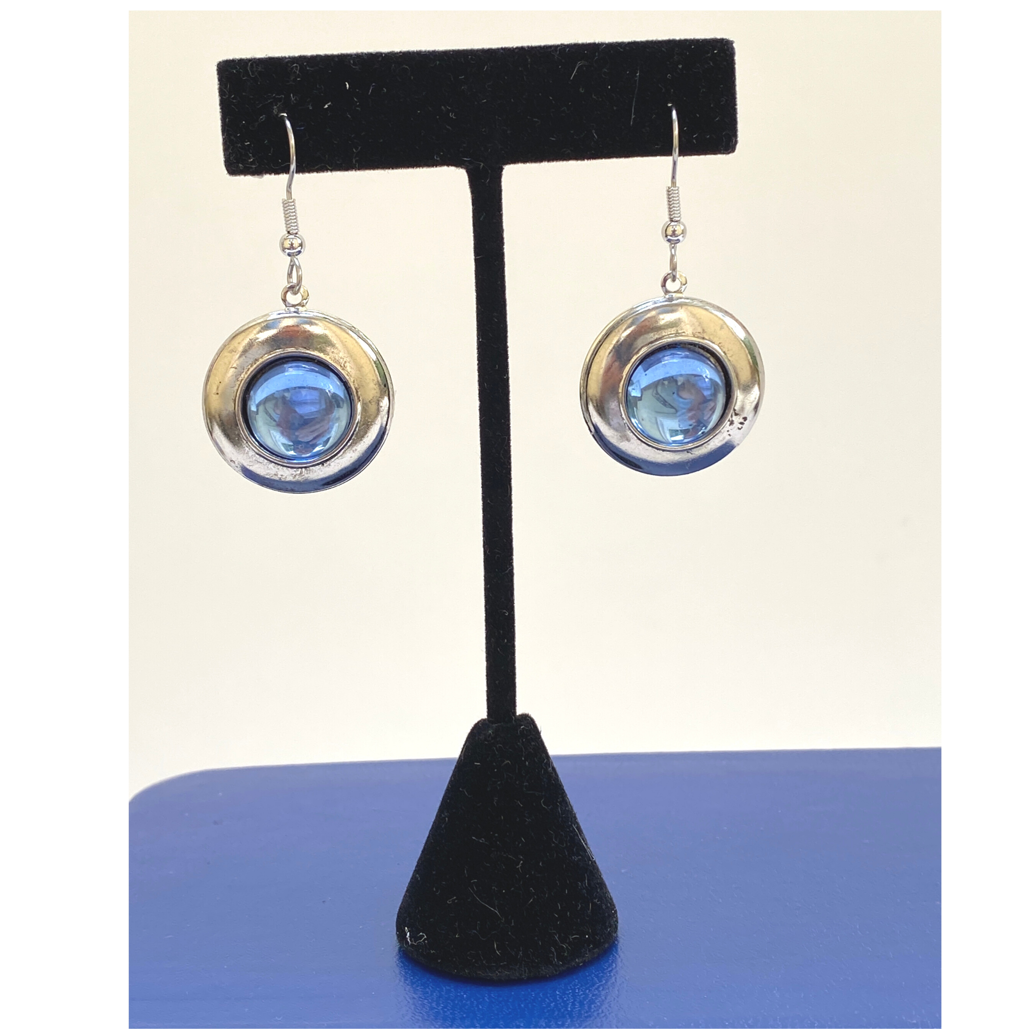 Earring, Silver Plate, Mid-Century Modern, Light Blue Cabochon, Handmade in USA