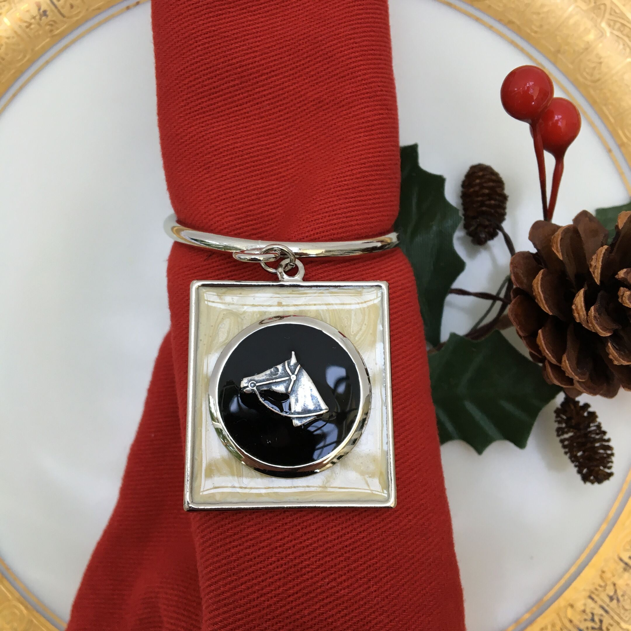 Napkin Ring Equestrian Horse Head Pearl Black Enamel