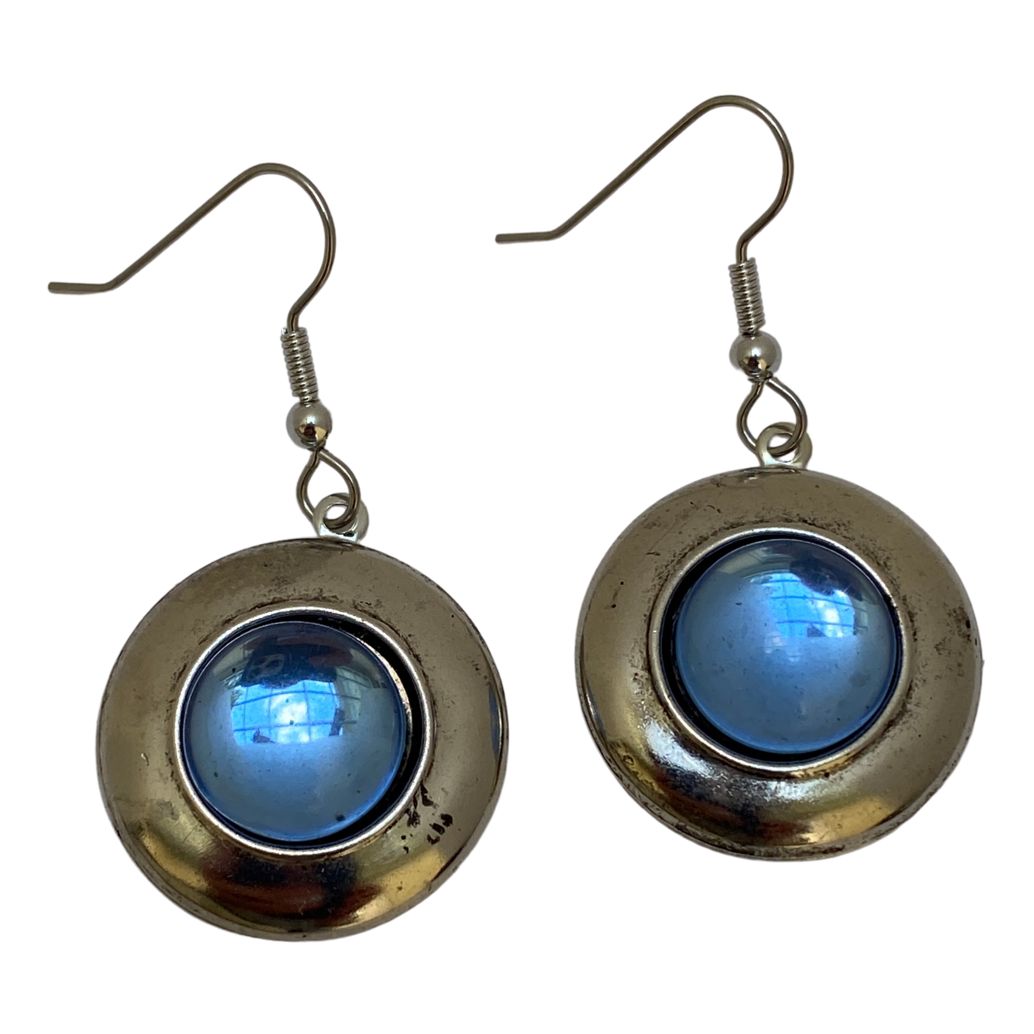 Earring, Silver Plate, Mid-Century Modern, Light Blue Cabochon, Handmade in USA