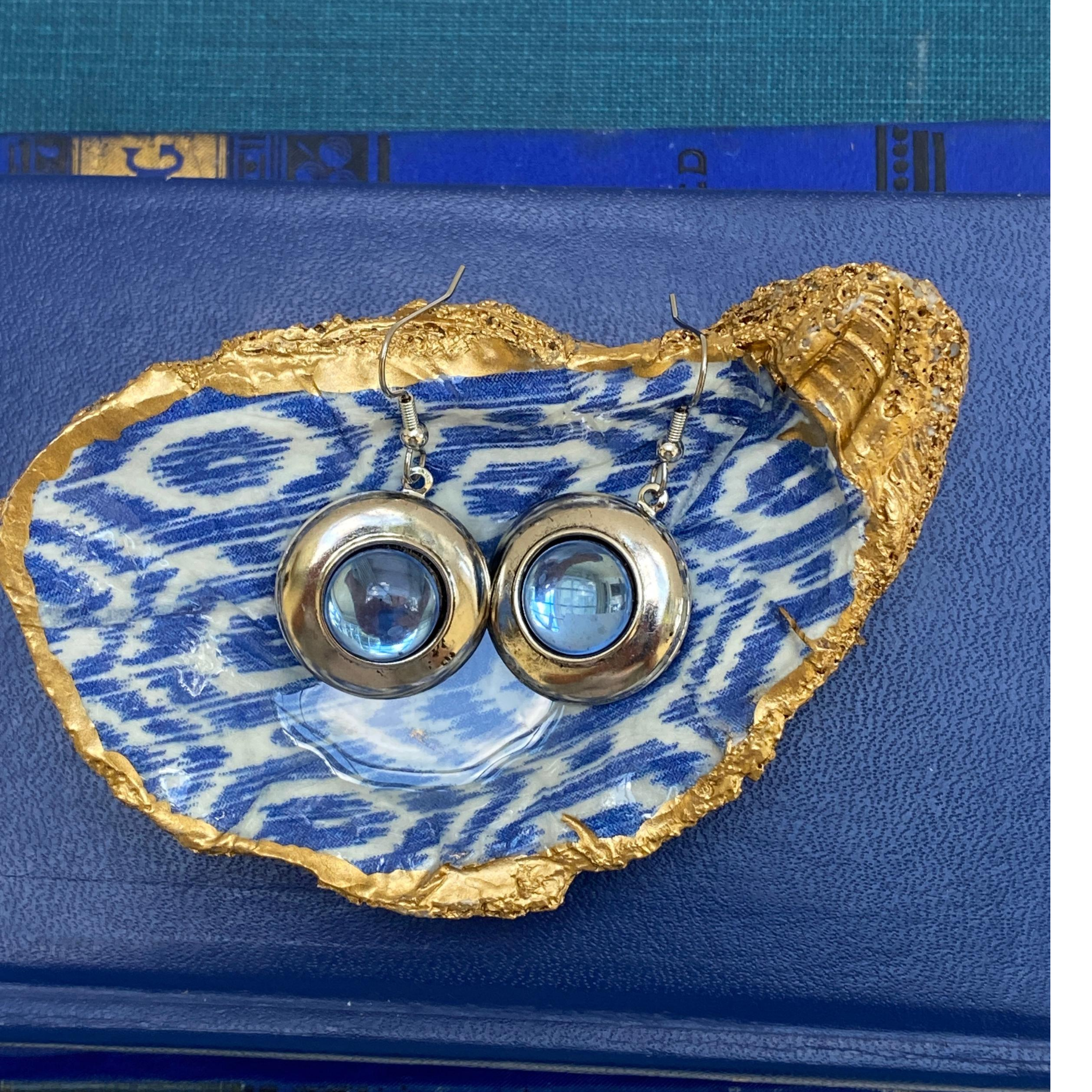 Earring, Silver Plate, Mid-Century Modern, Light Blue Cabochon, Handmade in USA