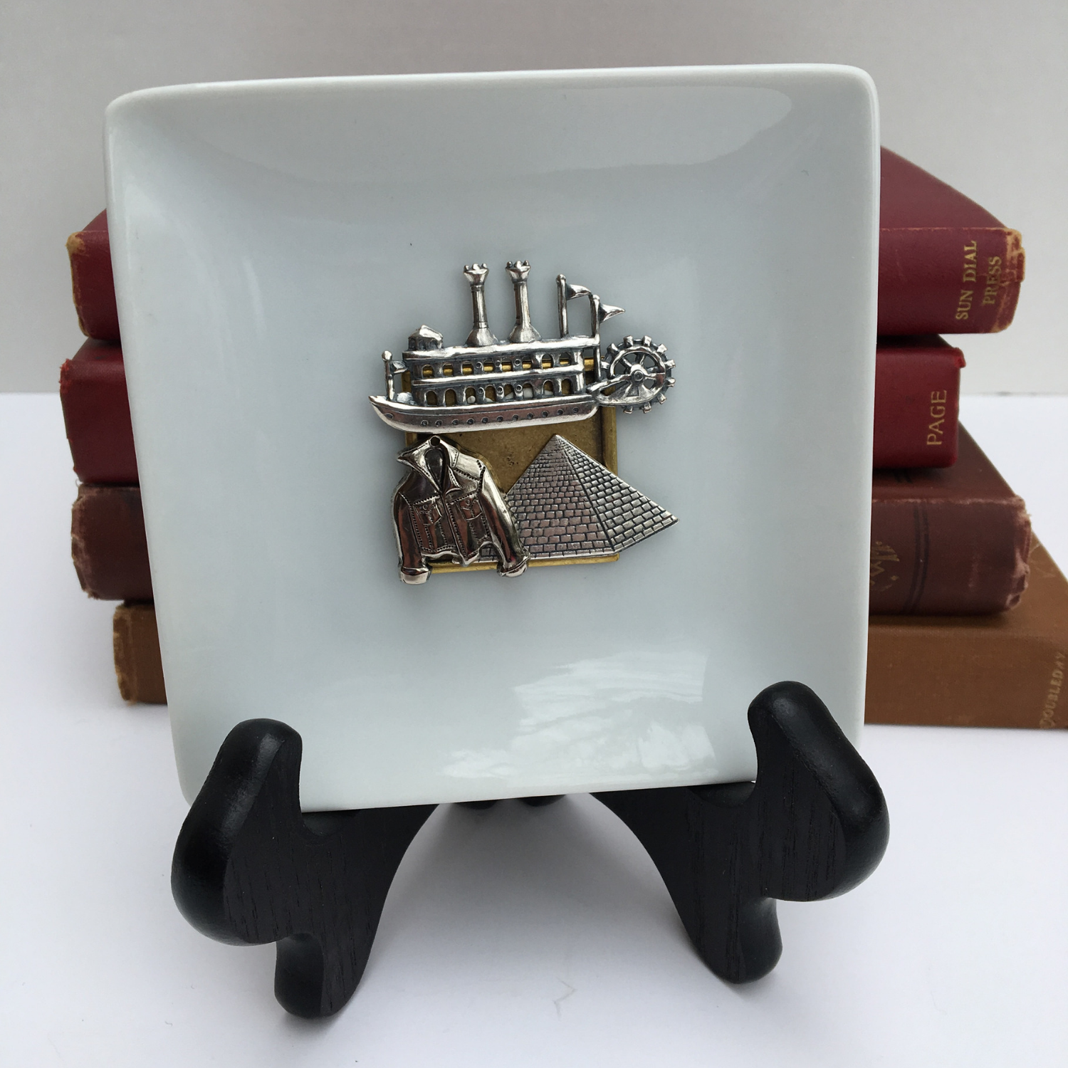 Trinket Tray, White Porcelain Dish, Memphis Collage