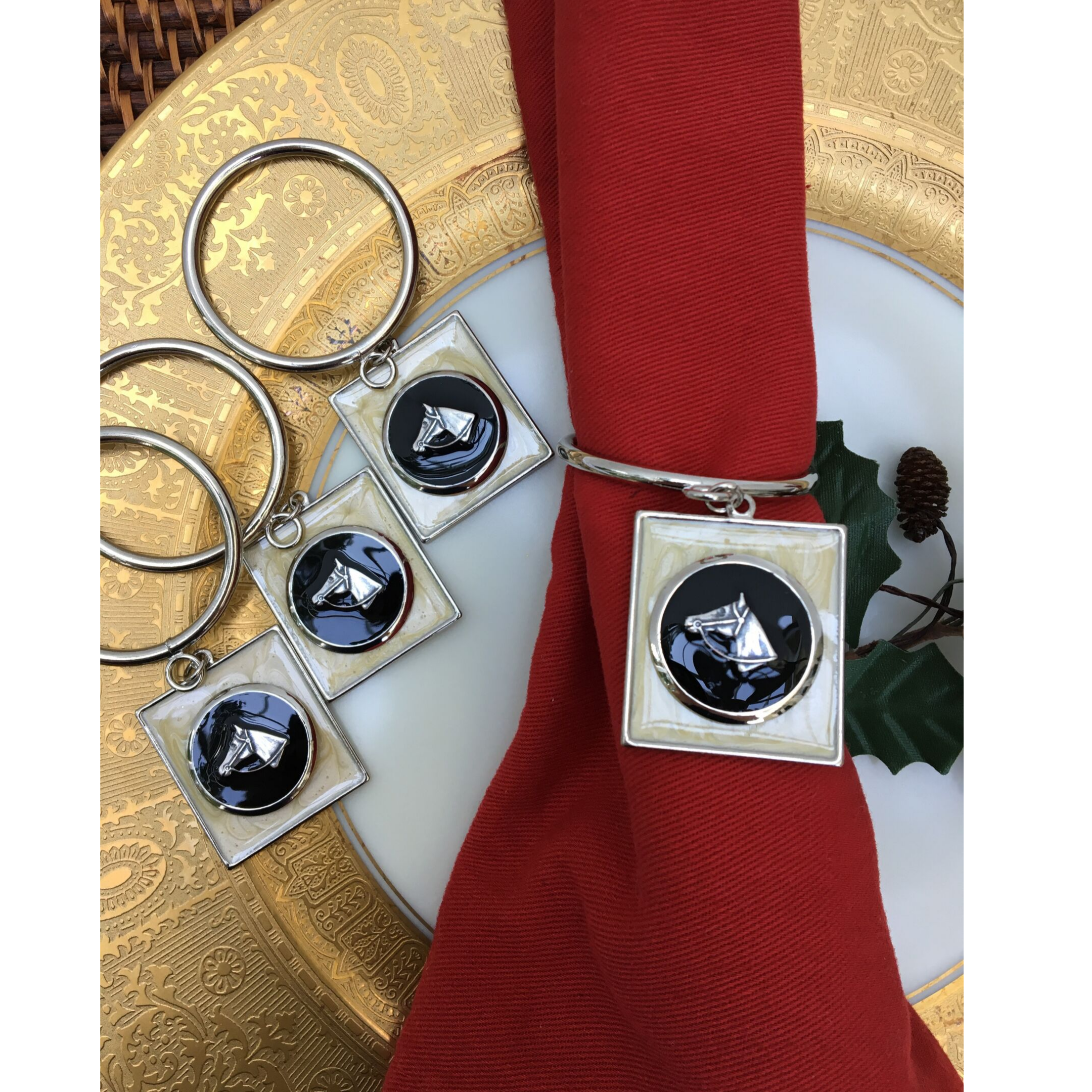 Napkin Ring Equestrian Horse Head Pearl Black Enamel
