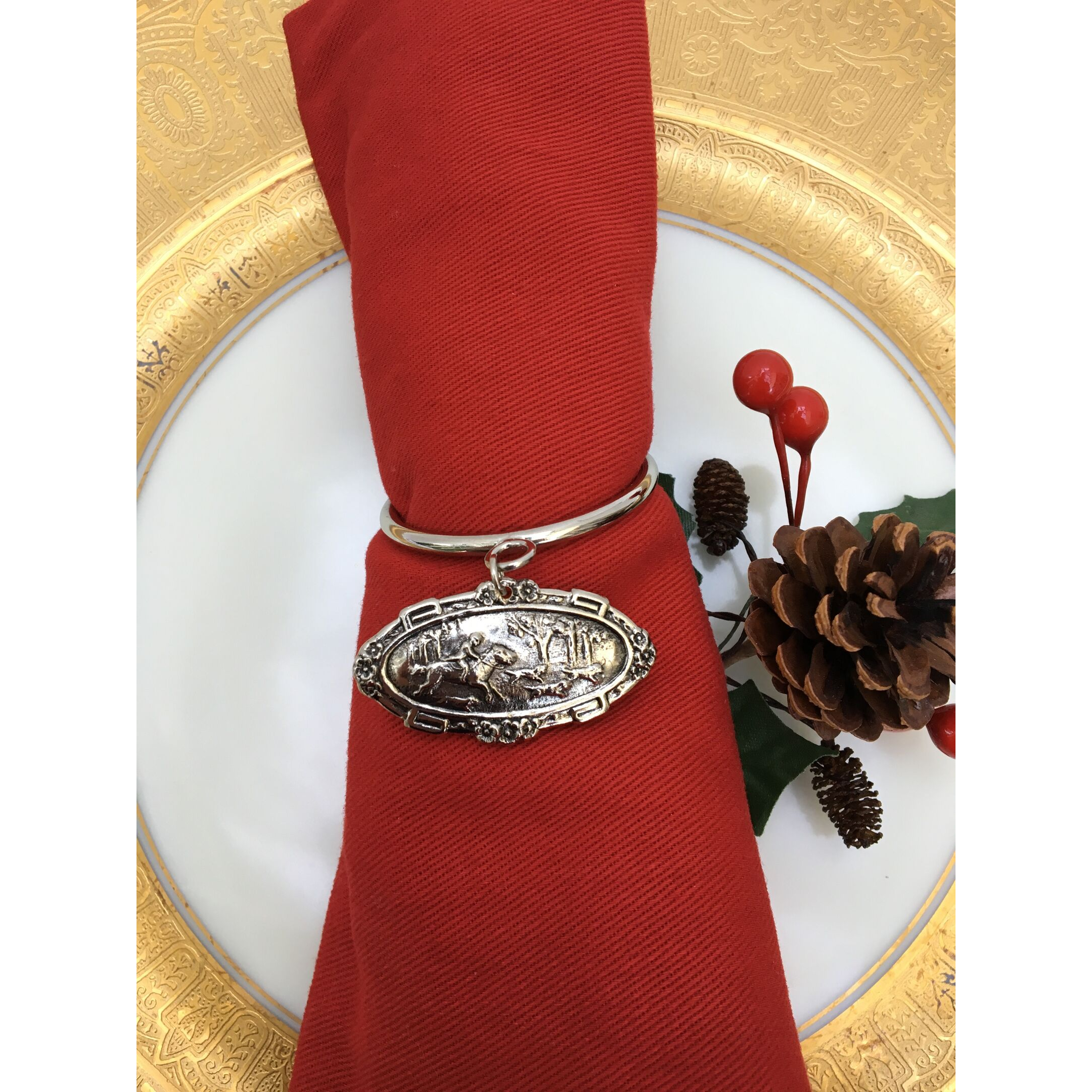 Napkin Rings, Horse Hound Hunt scene medallion, Gift for Horse Lover