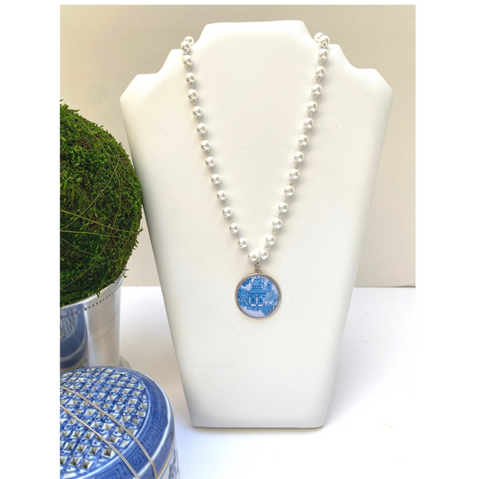 Blue Chinoiserie pearl necklace