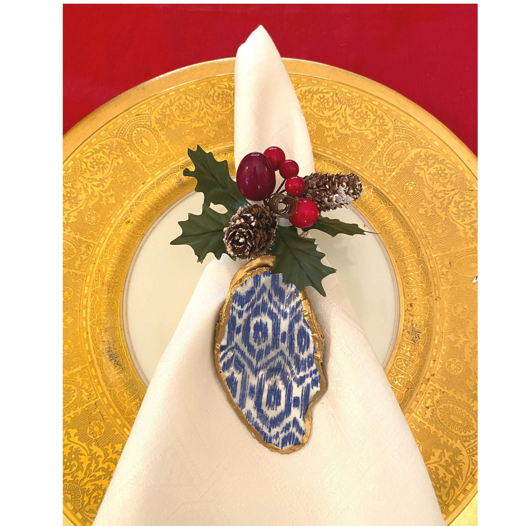 Oyster Shell Art Napkin Ring Blue Ikat Design