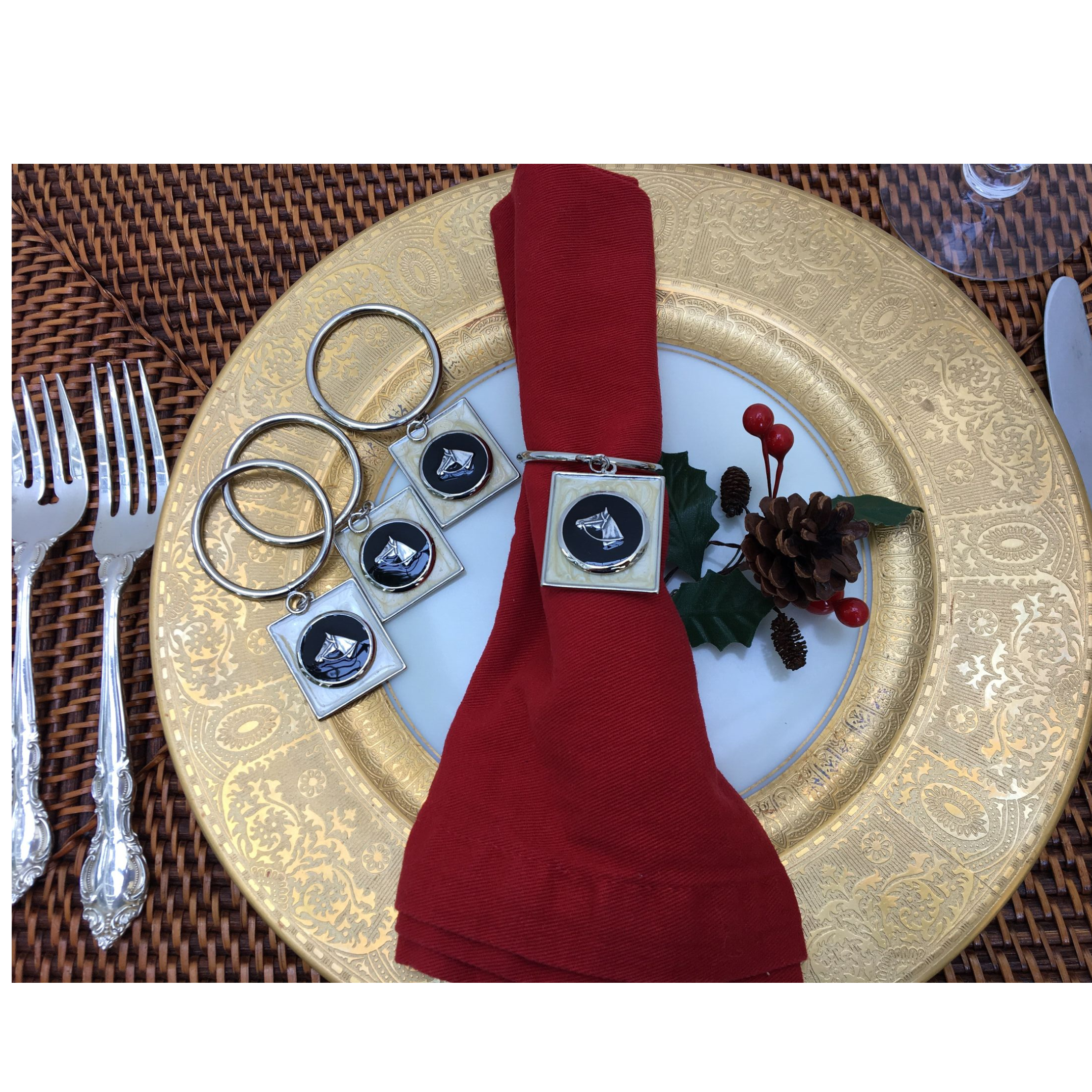 Napkin Ring Equestrian Horse Head Pearl Black Enamel