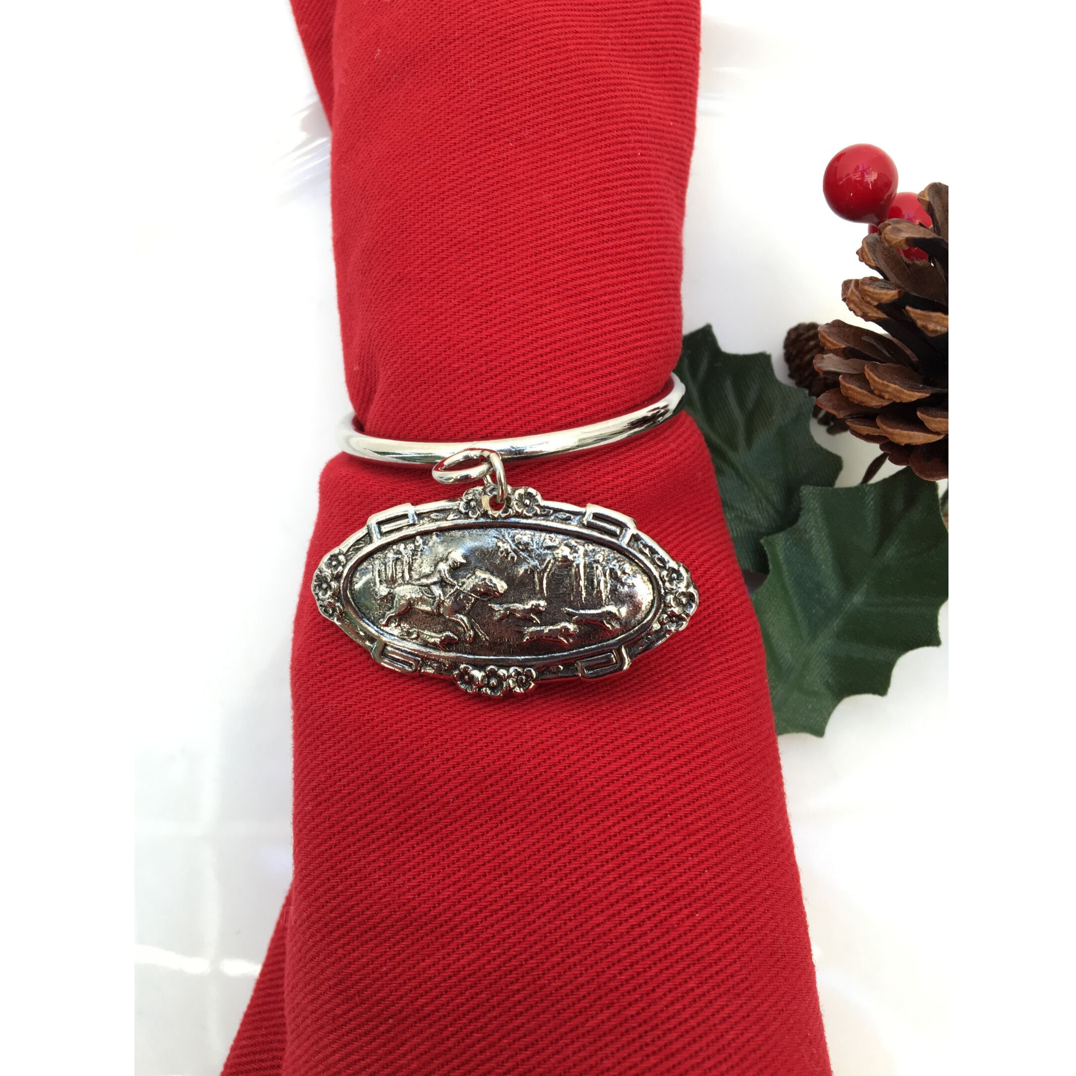 Napkin Rings, Horse Hound Hunt scene medallion, Gift for Horse Lover
