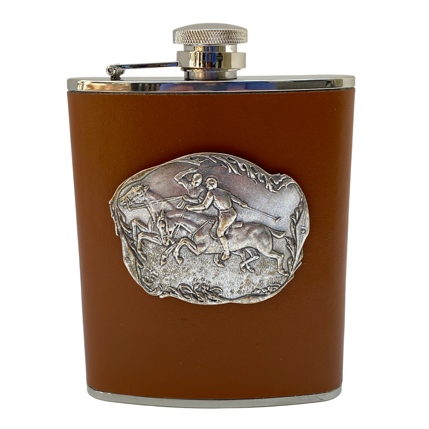 Brown Leather Flask, Silver Polo Medallion, Gift for Equestrian Polo Fan