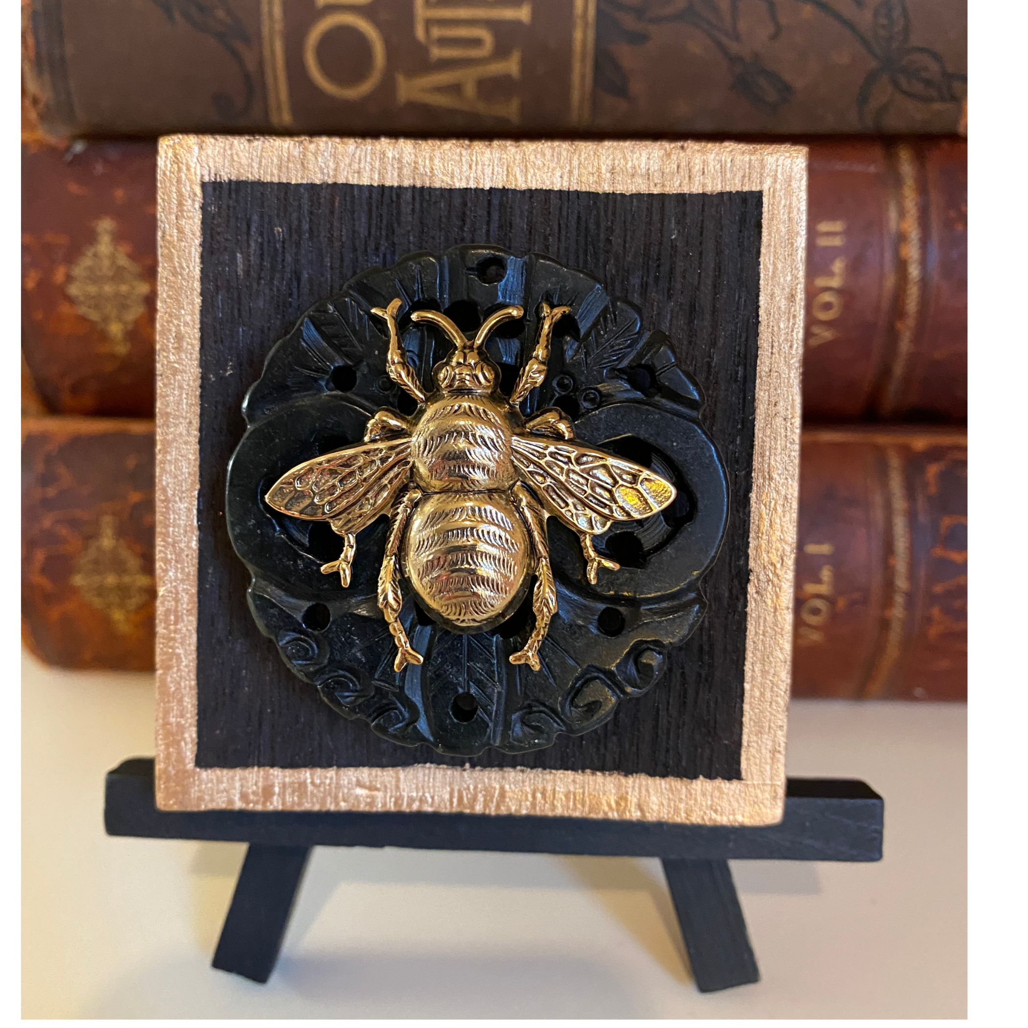 Gold Bee, Wooden Art, Bourbon Barrel Wood, Carved Jade