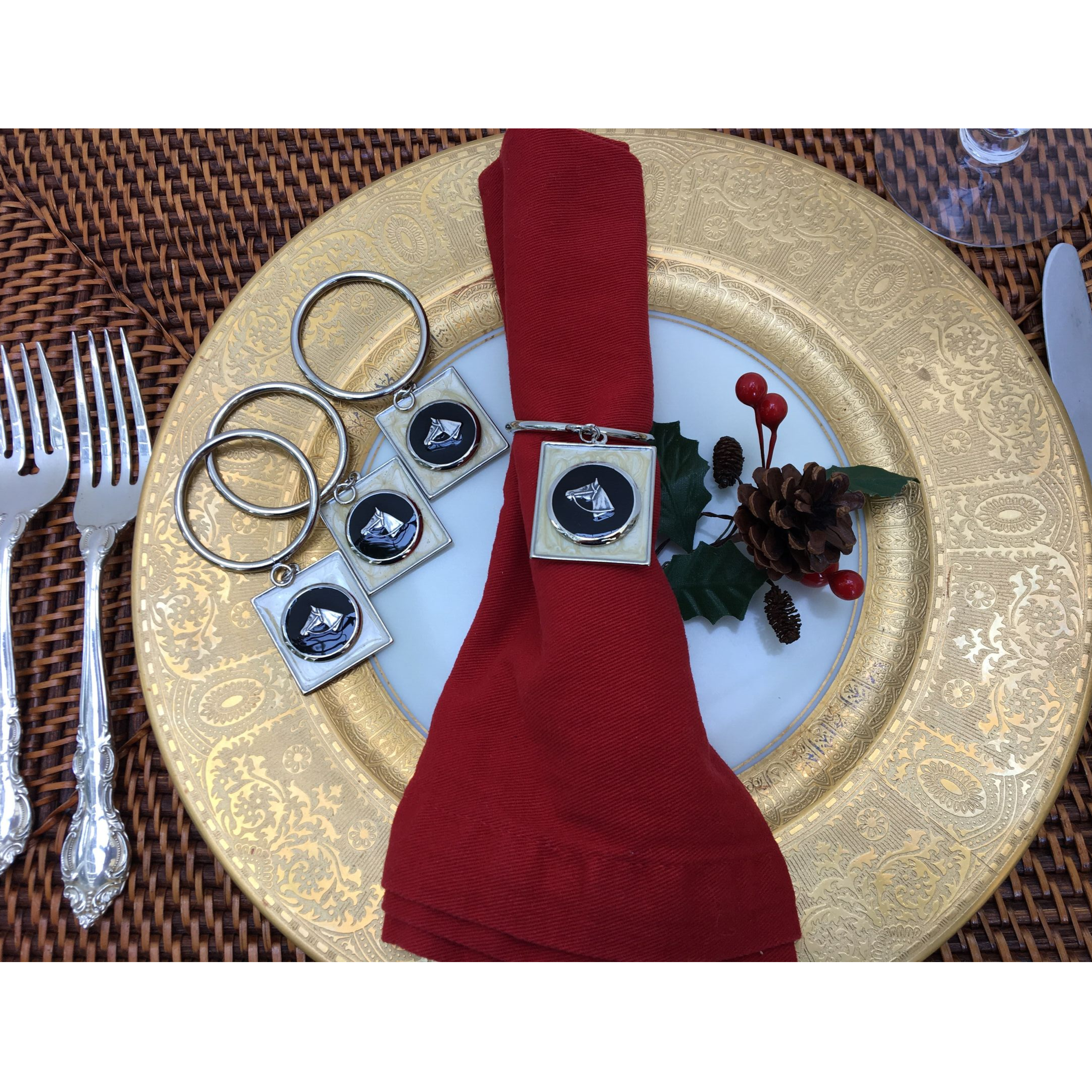 Napkin Ring Equestrian Horse Head Pearl Black Enamel