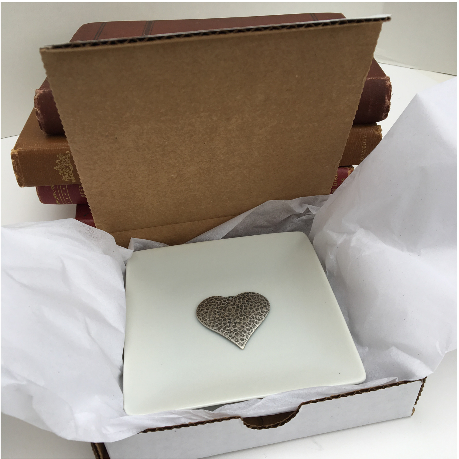 Trinket Tray, White Porcelain Dish, Silver Hammered Heart