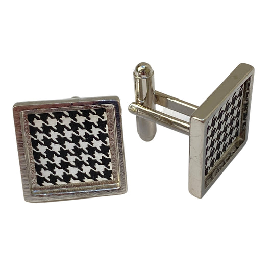 Cuff Links, Black and White Houndstooth Check, Handmade