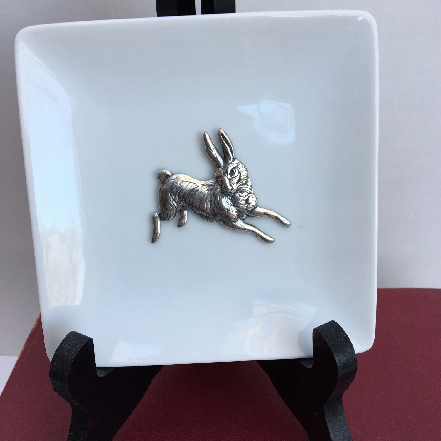 Trinket Tray, White Porcelain Dish, Silver Rabbit