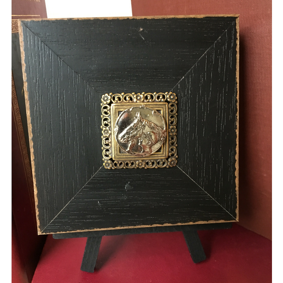 Wooden Art, Small Wooden Square, Embellish with Antique Brass Silver Horse Jockey Medallion