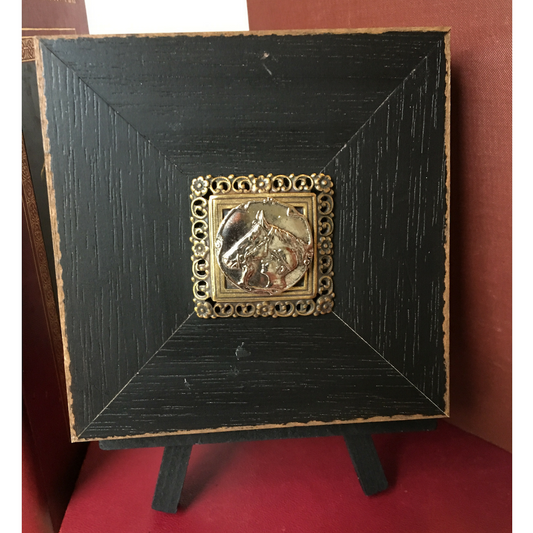 Wooden Art,  Small Wooden Square,  Embellish with Antique Brass Silver Horse Jockey Medallion