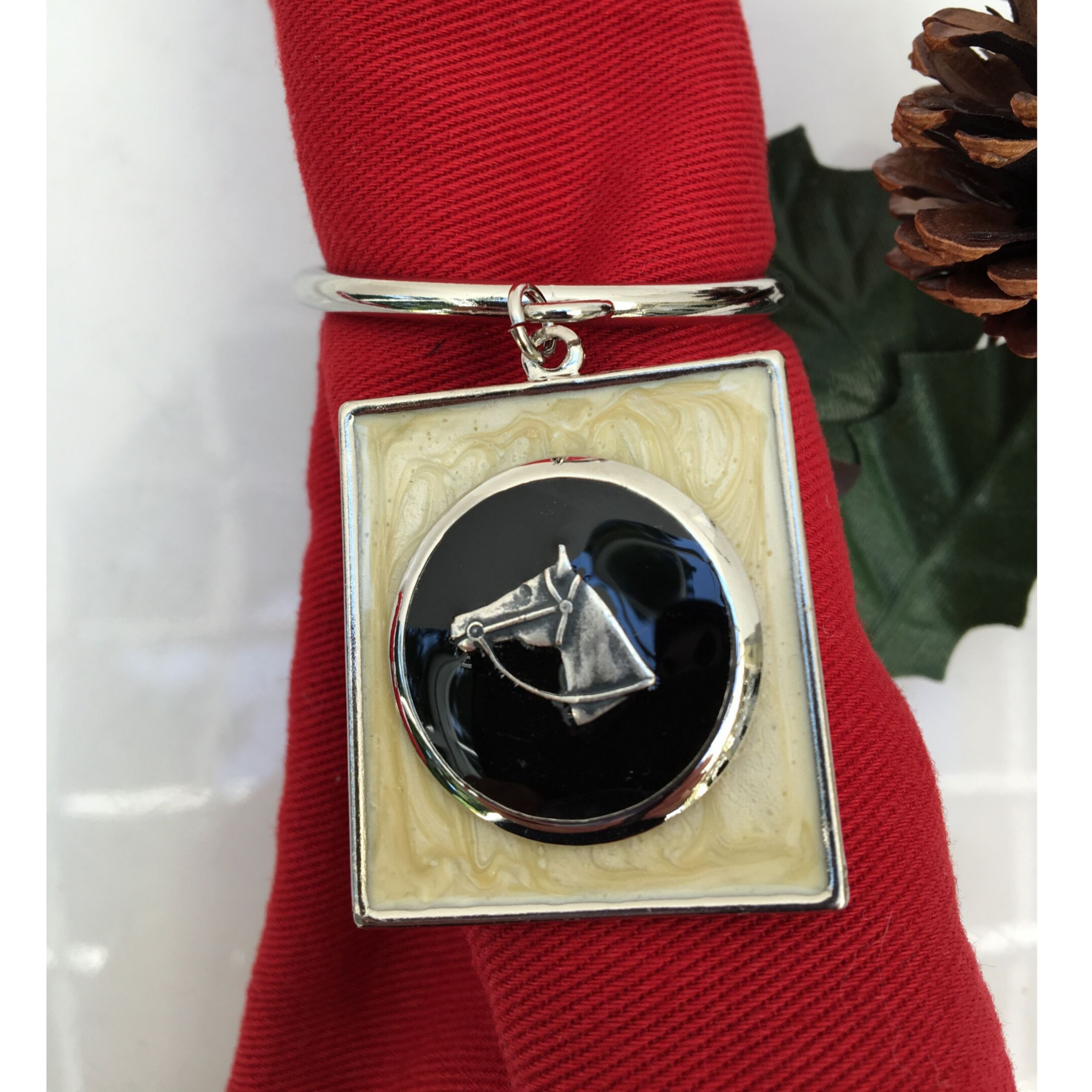 Napkin Ring Equestrian Horse Head Pearl Black Enamel
