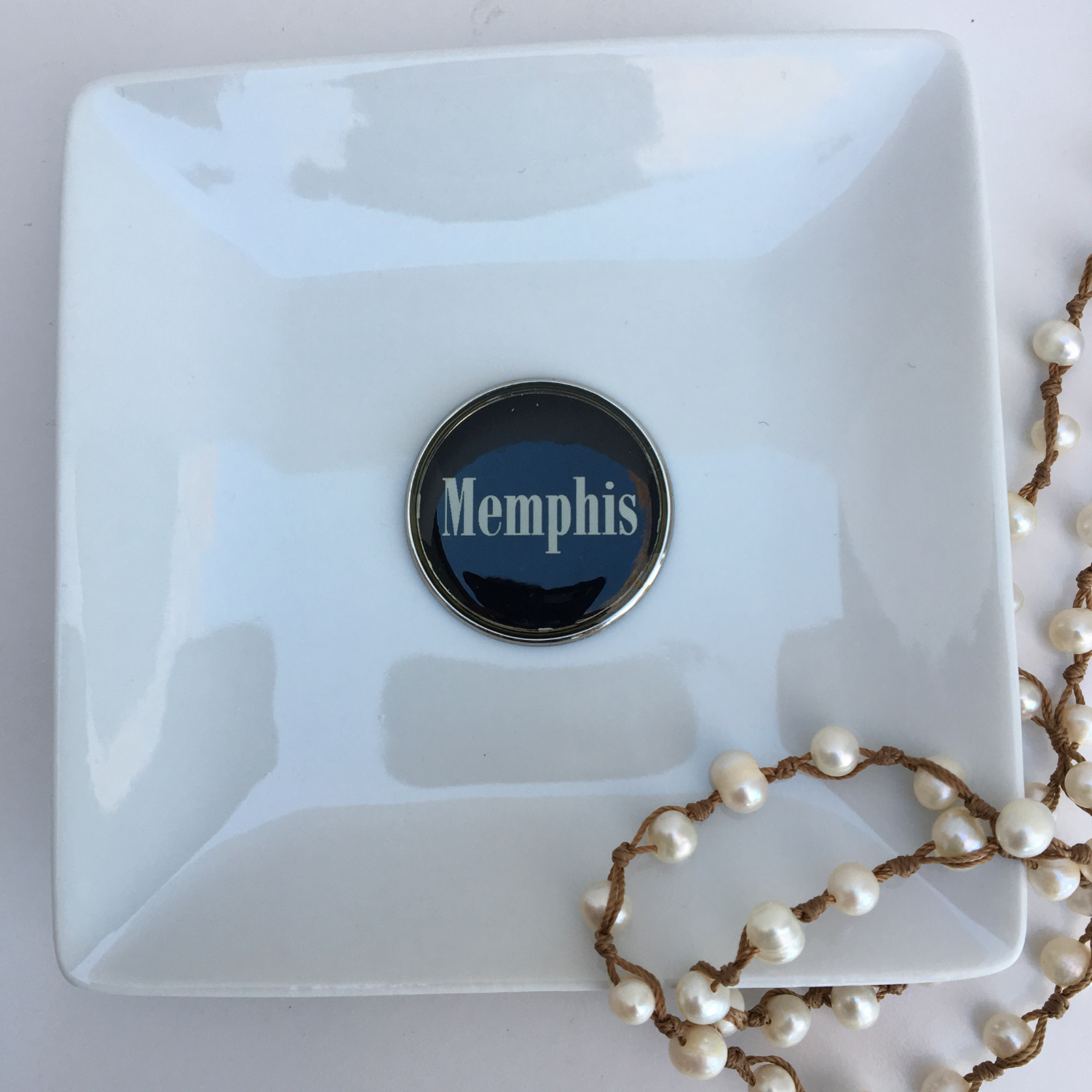 Trinket Tray, White Porcelain Dish, Memphis Black Enamel