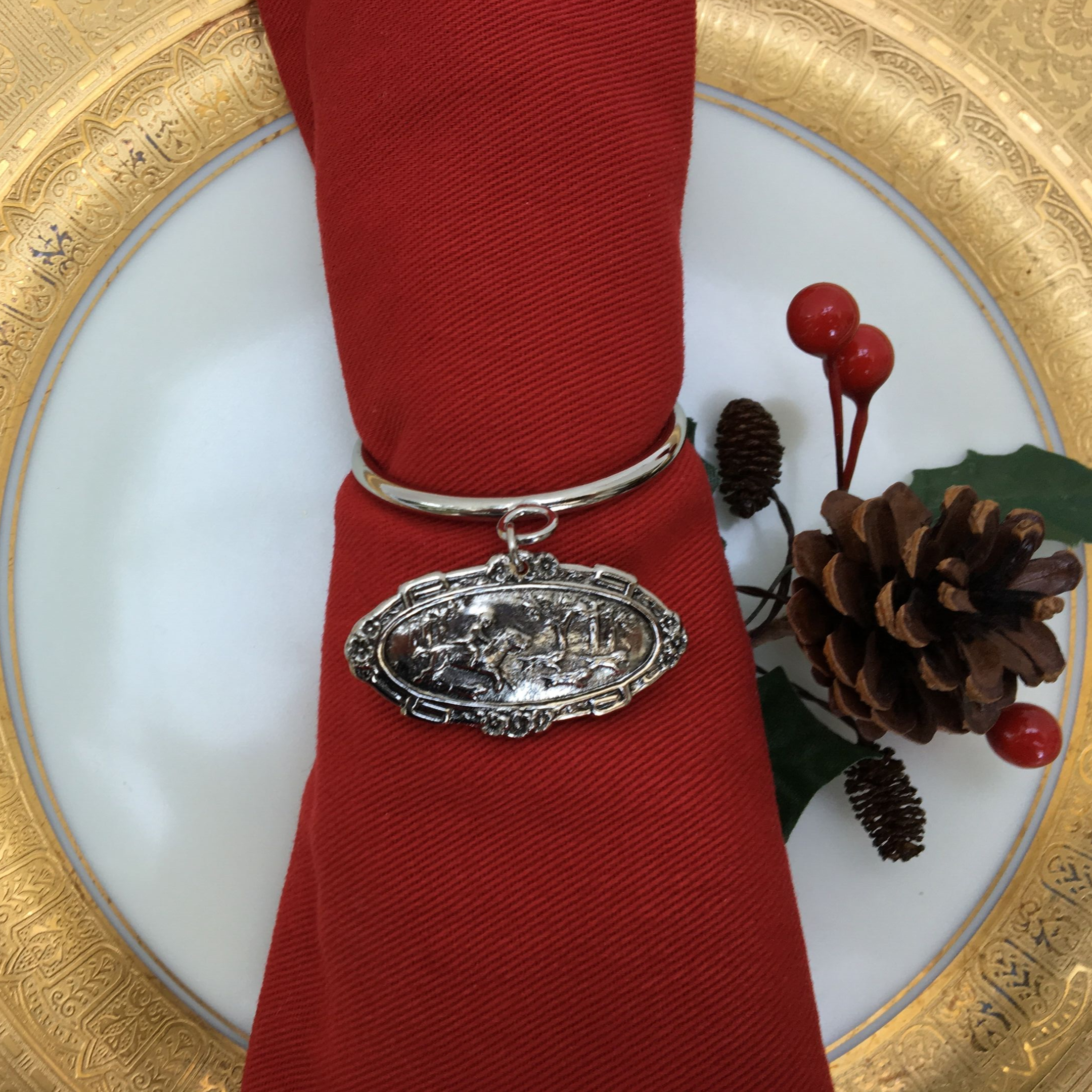 Napkin Rings, Horse Hound Hunt scene medallion, Gift for Horse Lover