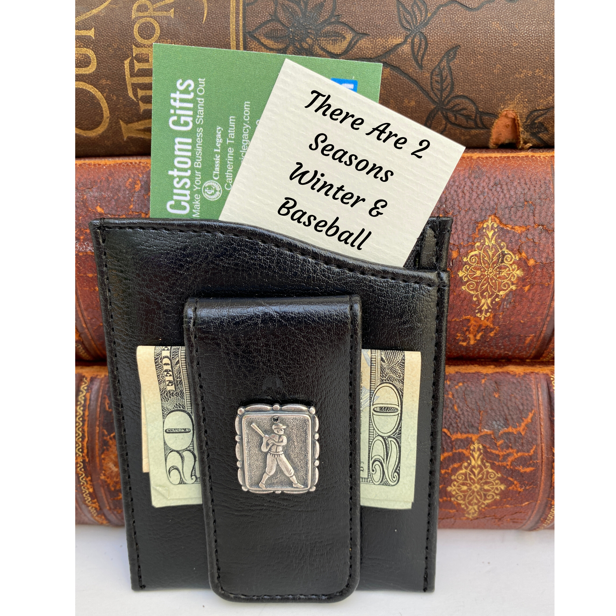 Money Clip, Baseball Player, Black Faux Leather