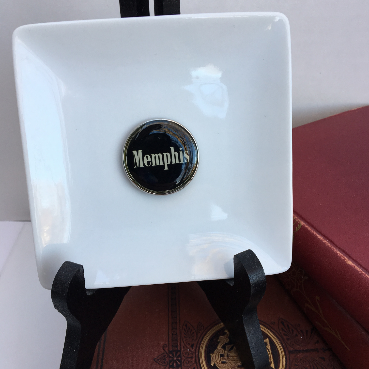Trinket Tray, White Porcelain Dish, Memphis Black Enamel